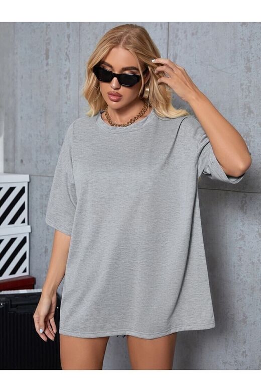 Unisex Gri Bisiklet Yaka Pamuk Oversize Boyfriend T-shirt