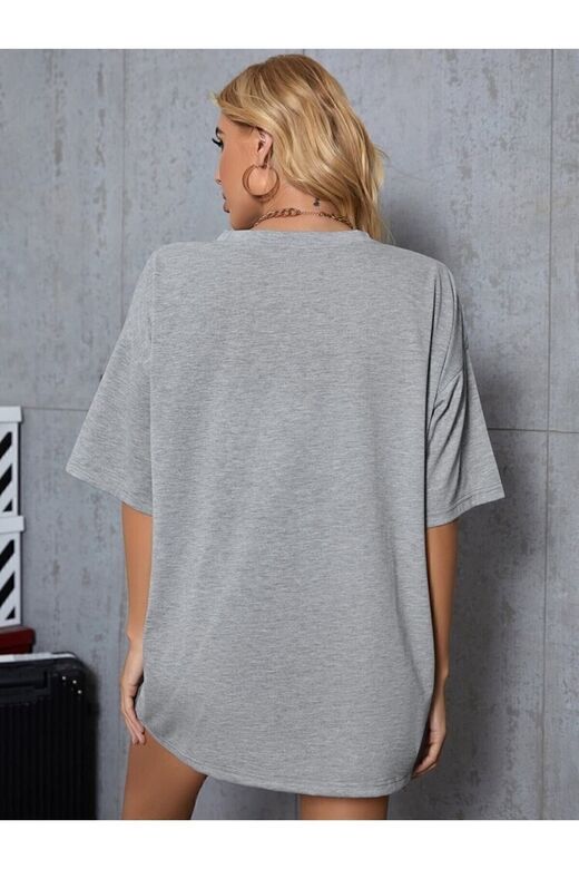 Unisex Gri Bisiklet Yaka Pamuk Oversize Boyfriend T-shirt