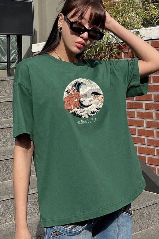 Unisex Kanagawa Oki Nami Ura Baskılı T-shirt