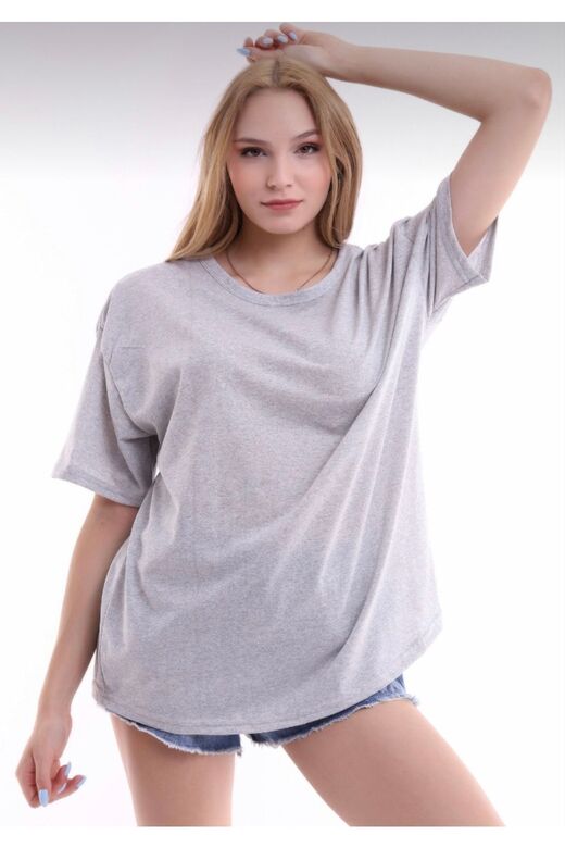 Unisex Pamuklu Gri Bisiklet Yaka Oversize T-shirt