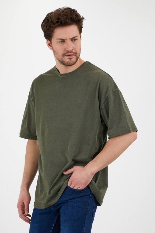 Unisex Pamuk Haki Bisiklet Yaka Oversize T-shirt