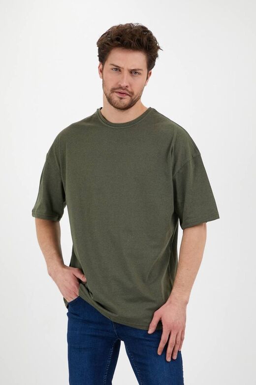 Unisex Pamuk Haki Bisiklet Yaka Oversize T-shirt