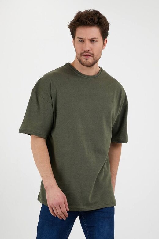 Unisex Pamuk Haki Bisiklet Yaka Oversize T-shirt