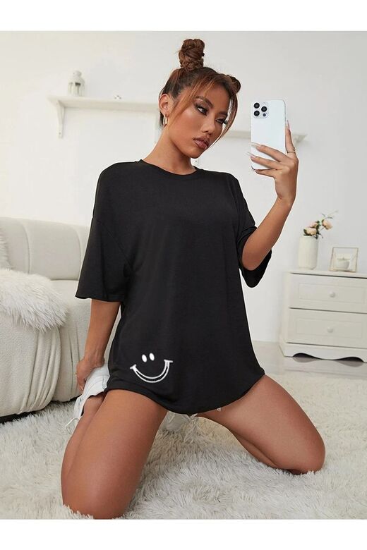 Smile Grafik Baskılı Siyah Oversize Tshirt