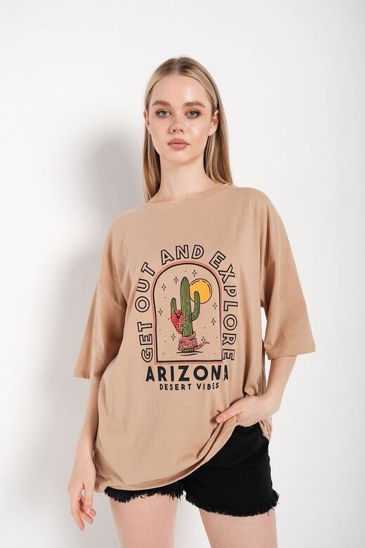 Kadın Camel Oversize Arizona Baskılı T-shirt