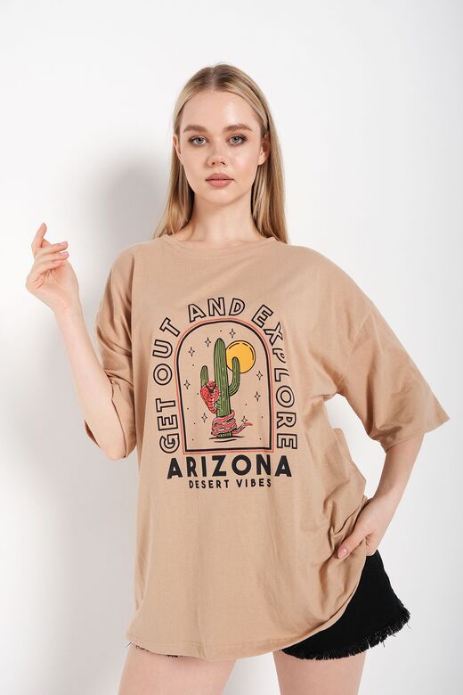 Kadın Camel Oversize Arizona Baskılı T-shirt