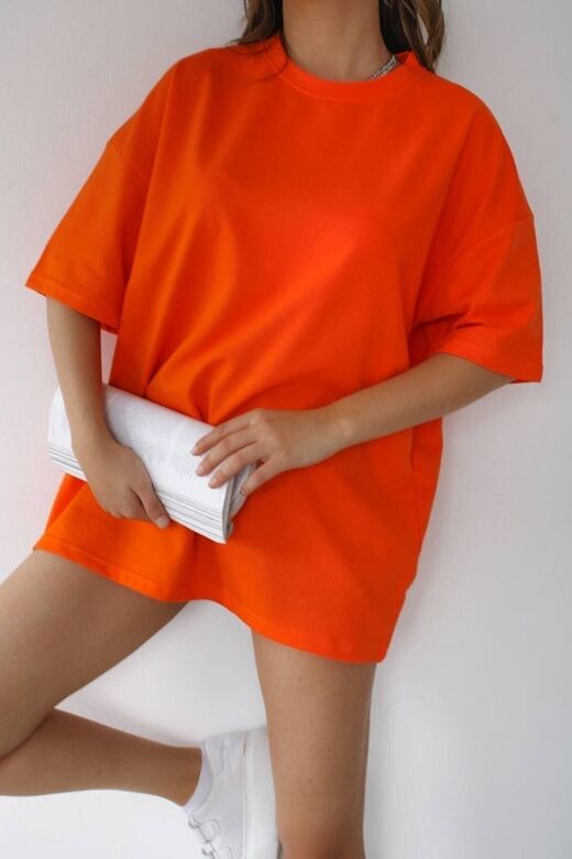 Unisex Orange Turuncu Bisiklet Yaka Pamuk Oversize ( Dar Kalıp Gelirse Iade Et )
