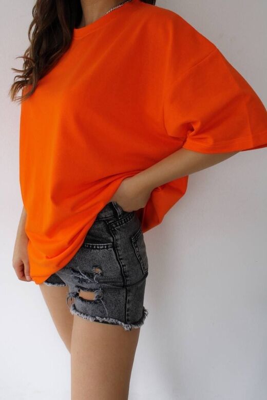 Unisex Orange Turuncu Bisiklet Yaka Pamuk Oversize ( Dar Kalıp Gelirse Iade Et )