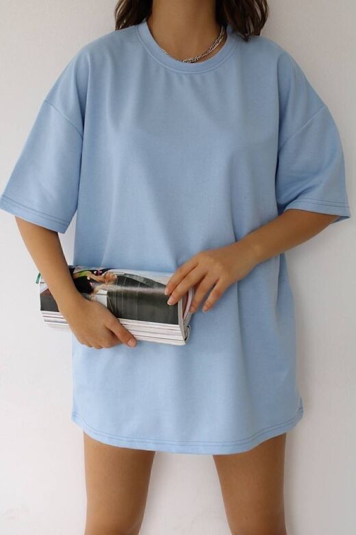 Unisex Pamuk Bebe Mavi Bisiklet Yaka Oversize Boyfriend T-shirt