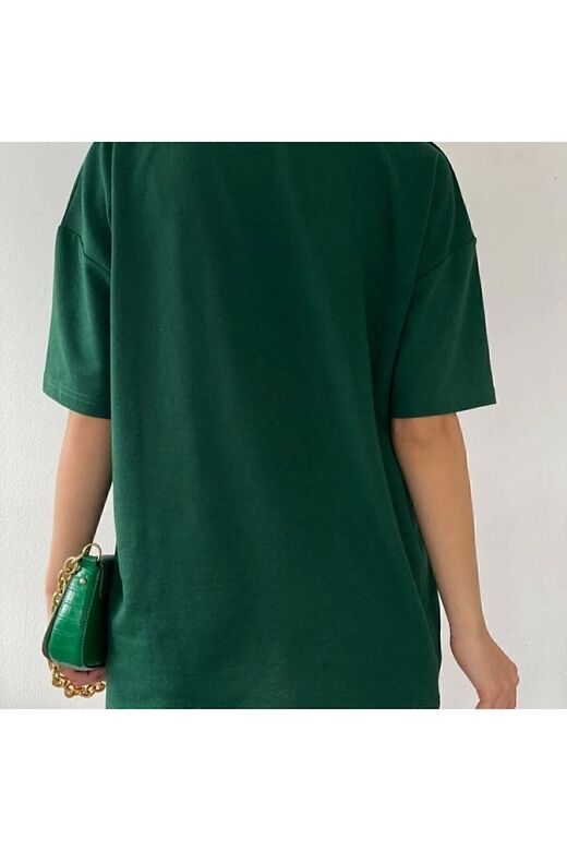 Unisex Yeşil Bisiklet Yaka Pamuk Oversize Boyfriend T-shirt