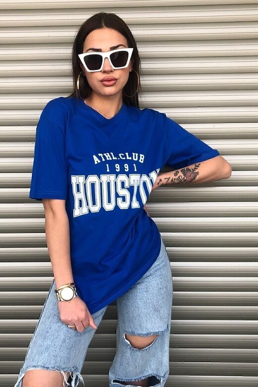 Houston Kadın Oversize Mavi T-shirt