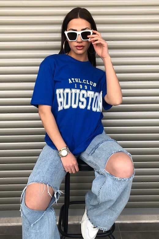 Houston Kadın Oversize Mavi T-shirt