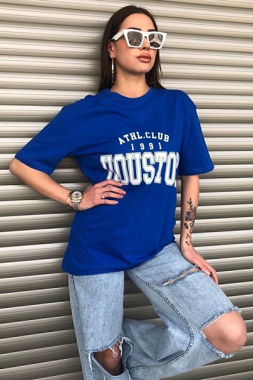 Houston Kadın Oversize Mavi T-shirt