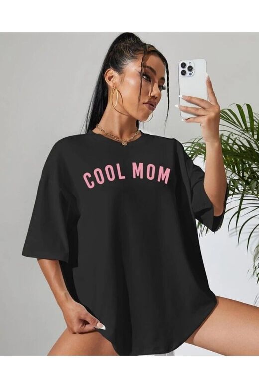 Unisex Oversize T-shirt Coolmom Baskılı %100 Pamuk Siyah Renk