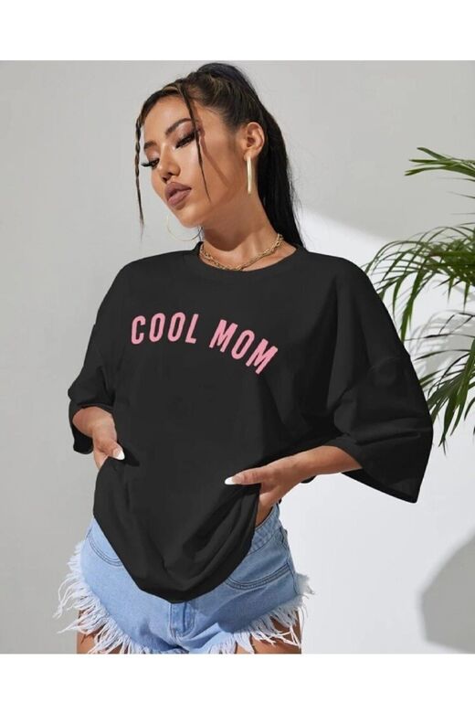 Unisex Oversize T-shirt Coolmom Baskılı %100 Pamuk Siyah Renk