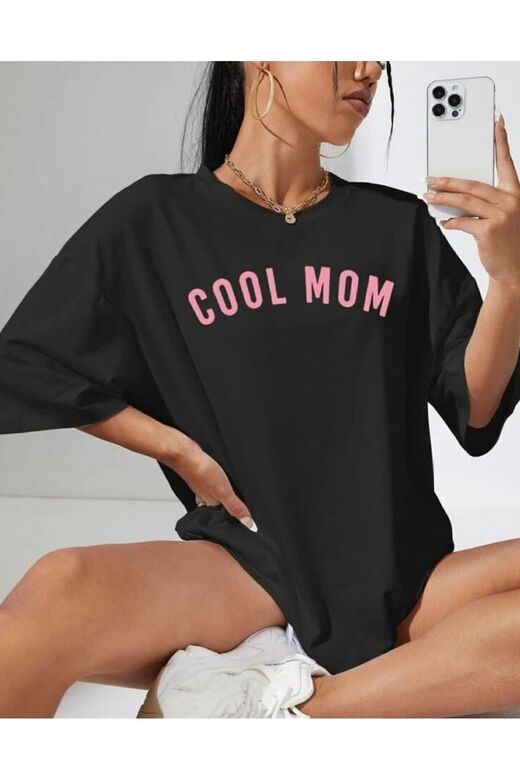 Unisex Oversize T-shirt Coolmom Baskılı %100 Pamuk Siyah Renk