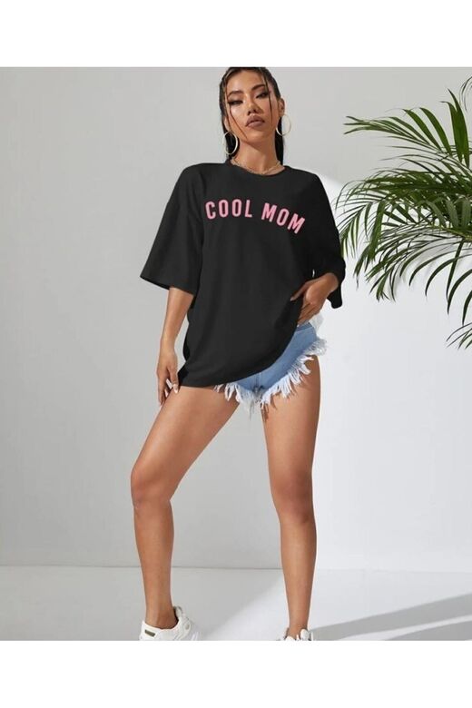 Unisex Oversize T-shirt Coolmom Baskılı %100 Pamuk Siyah Renk