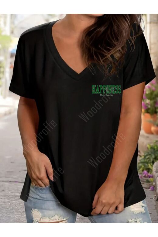 Kadın V yaka Baskılı siyah  Oversize Boyfriend T-Shirt