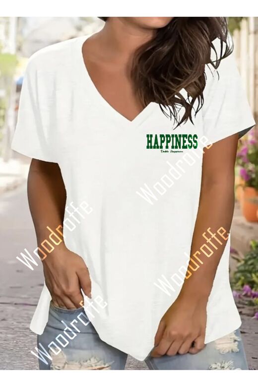 Kadın V yaka Baskılı siyah/Beyaz Oversize Boyfriend T-Shirt
