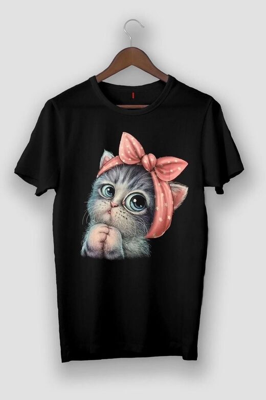 Siyah Unisex Sevimli Minik Kedi Baskılı Pamuk Bisiklet Yaka Boyfriend Örme Oversize T-Shirt