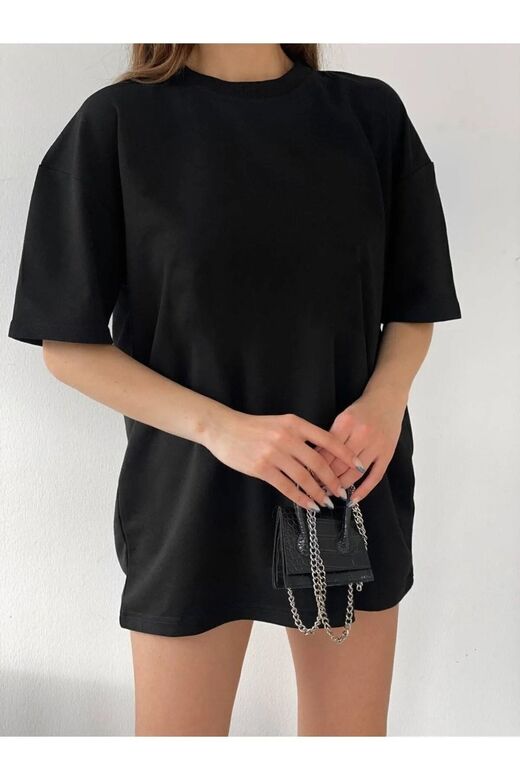 Siyah Unisex Pamuk Bisiklet Yaka Boyfriend Örme Oversize T-Shirt