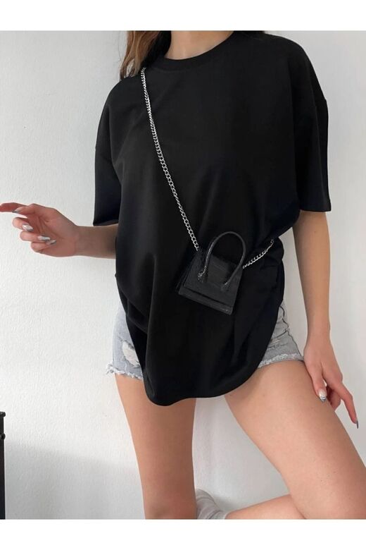 Siyah Unisex Pamuk Bisiklet Yaka Boyfriend Örme Oversize T-Shirt