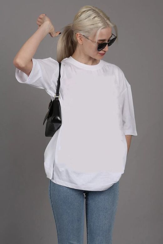 Beyaz Unisex Pamuk Bisiklet Yaka Boyfriend Örme Oversize T-Shirt