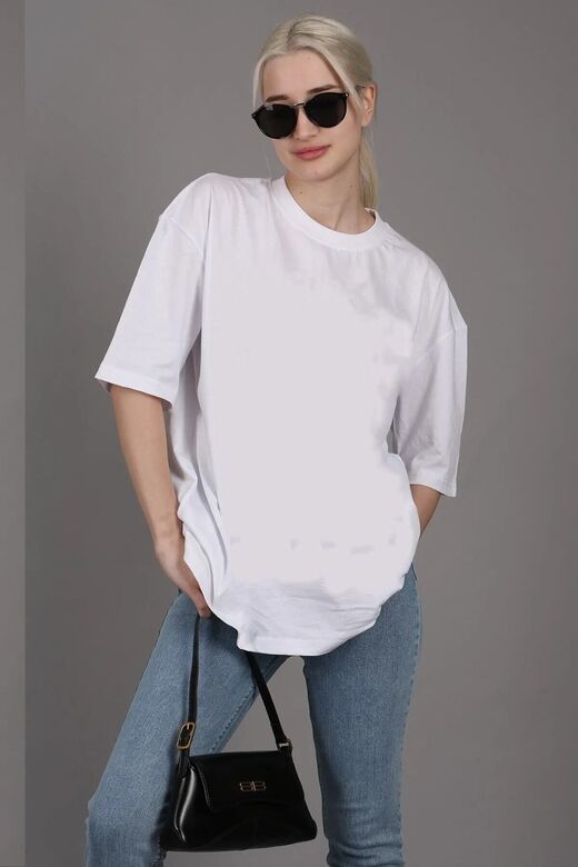 Beyaz Unisex Pamuk Bisiklet Yaka Boyfriend Örme Oversize T-Shirt