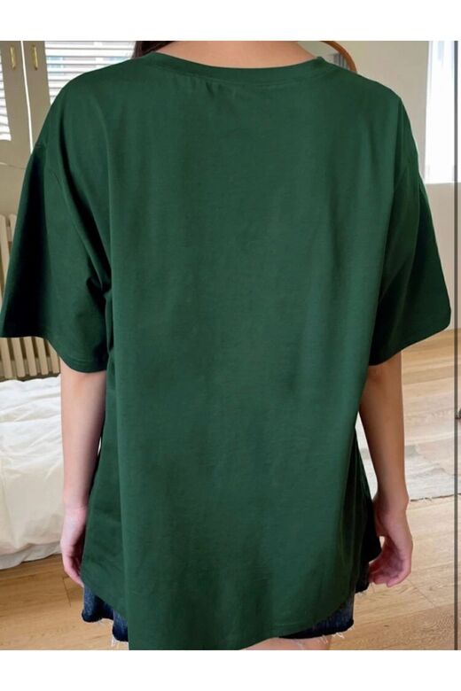 Unisex Zümrüt Yeşil Bisiklet Yaka Pamuk Oversize Boyfriend T-shirt