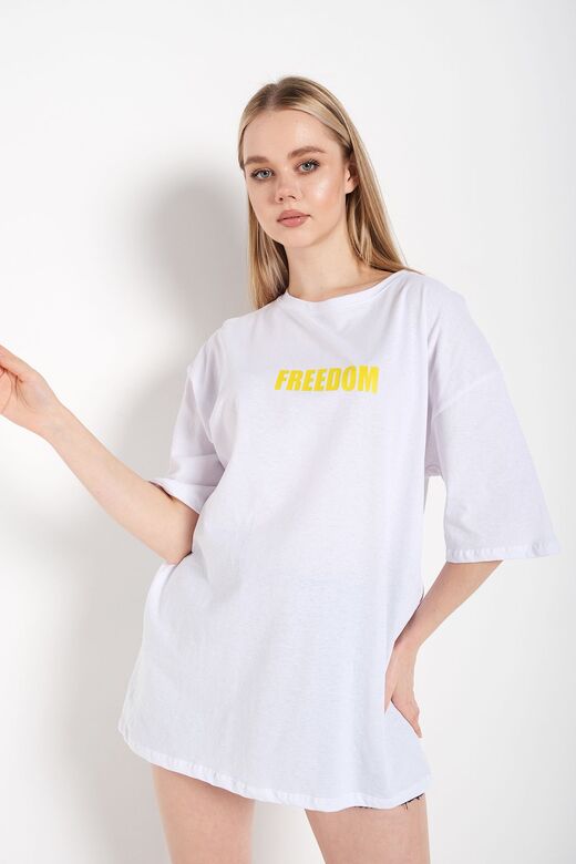 Kadın Beyaz Oversize Freedom Baskılı T-shirt