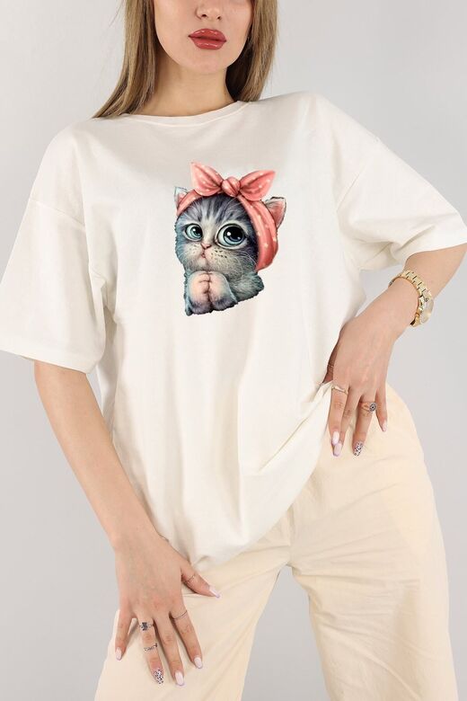 Ekru Unisex Sevimli Minik Kedi Baskılı Pamuk Bisiklet Yaka Boyfriend Örme Oversize T-Shirt