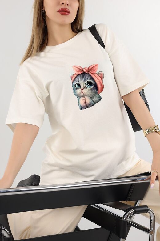 Ekru Unisex Sevimli Minik Kedi Baskılı Pamuk Bisiklet Yaka Boyfriend Örme Oversize T-Shirt