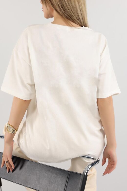 Ekru Unisex Sevimli Minik Kedi Baskılı Pamuk Bisiklet Yaka Boyfriend Örme Oversize T-Shirt