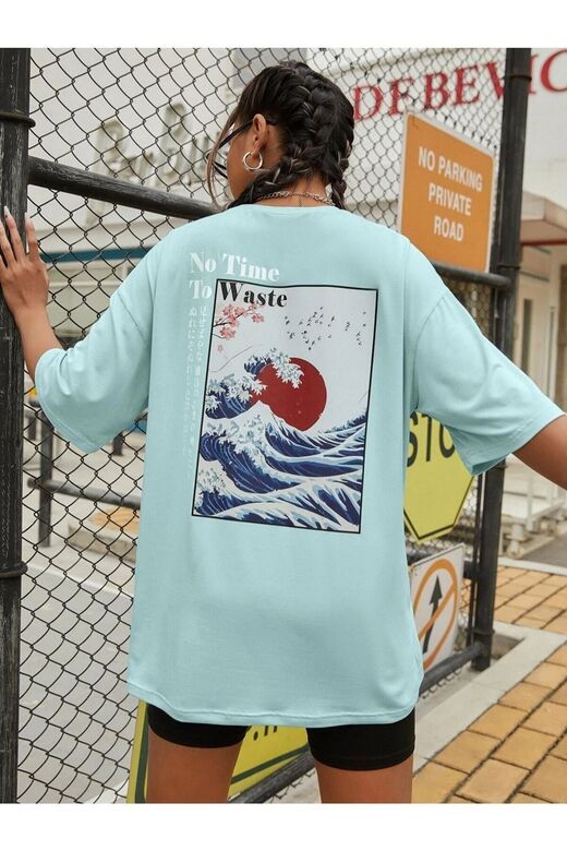 Kadın Mint Mavi To Time To Waste Baskılı Oversize Bisiklet Yaka T-shirt