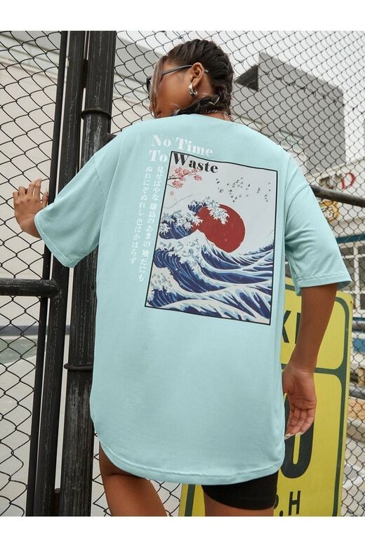 Kadın Mint Mavi To Time To Waste Baskılı Oversize Bisiklet Yaka T-shirt