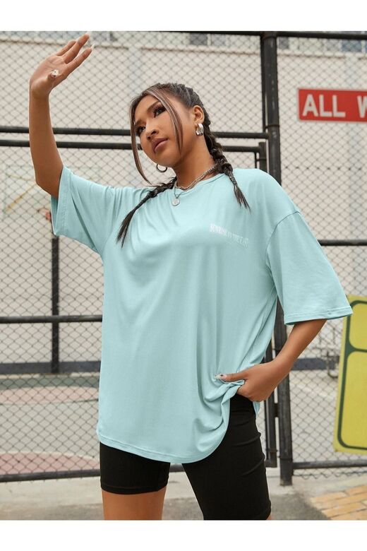 Kadın Mint Mavi To Time To Waste Baskılı Oversize Bisiklet Yaka T-shirt
