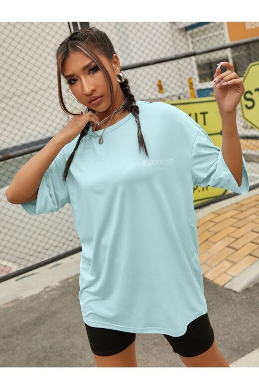 Kadın Mint Mavi To Time To Waste Baskılı Oversize Bisiklet Yaka T-shirt