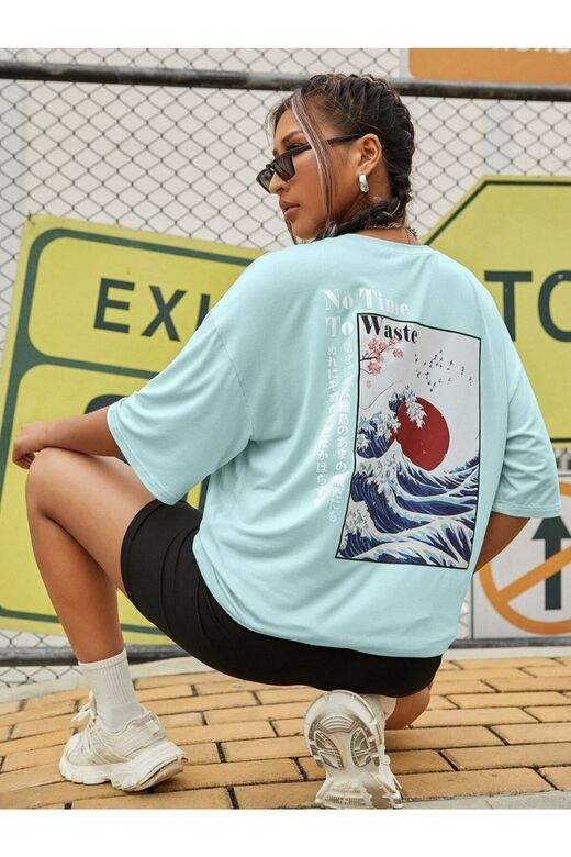 Kadın Mint Mavi To Time To Waste Baskılı Oversize Bisiklet Yaka T-shirt