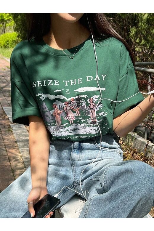 Kadın Nefti Yeşili Seize The Day Baskılı Oversize T-shirt