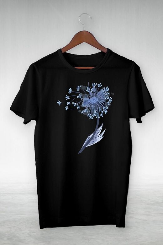 Siyah - Blue Sıngle Flower Baskılı Illustrasyon Tshırt - Vip Tasarım Tshirt