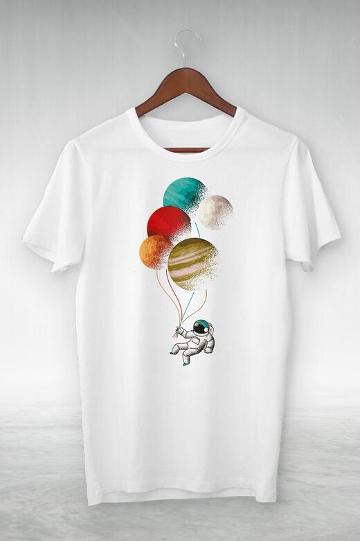 Unisex Beyaz Balloon And Astronot From The Planet Illustrasyon Tshırt