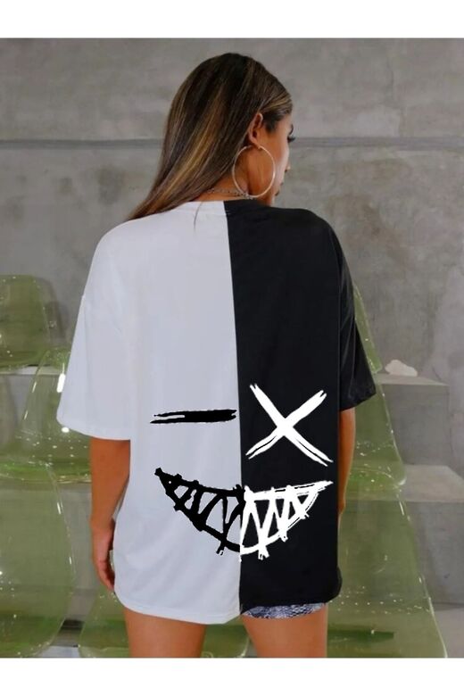 Unisex Siyah-Beyaz Baskılı 2 Farklı Renk Oversize Boyfriend T-Shirt