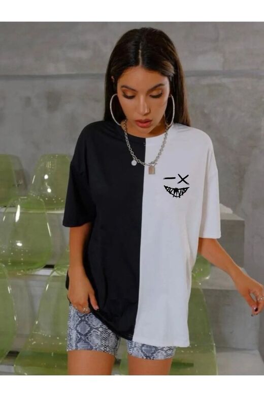 Unisex Siyah-Beyaz Baskılı 2 Farklı Renk Oversize Boyfriend T-Shirt