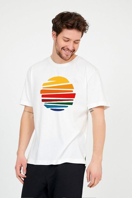 Erkek Ekru Bisiklet Yaka Önü Güneş Baskılı Oversize T-shirt