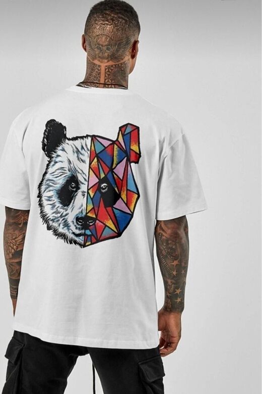 Panda Baskılı Beyaz Pamuklu Oversize Tshirt