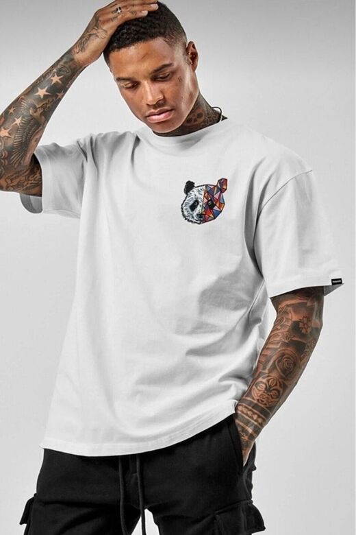 Panda Baskılı Beyaz Pamuklu Oversize Tshirt