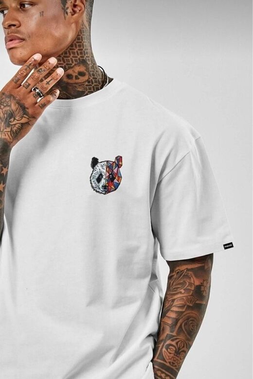 Panda Baskılı Beyaz Pamuklu Oversize Tshirt