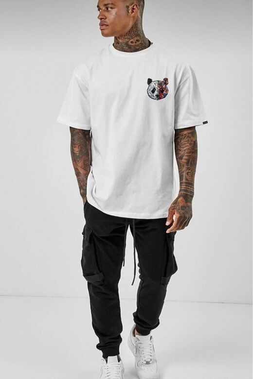 Panda Baskılı Beyaz Pamuklu Oversize Tshirt