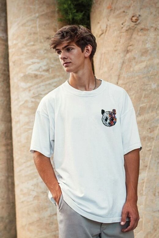 Panda Baskılı Beyaz Pamuklu Oversize Tshirt