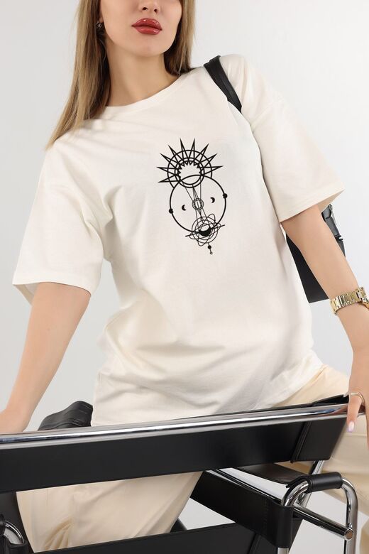 Unisex Baskı Detaylı Oversize Basit T-Shirt